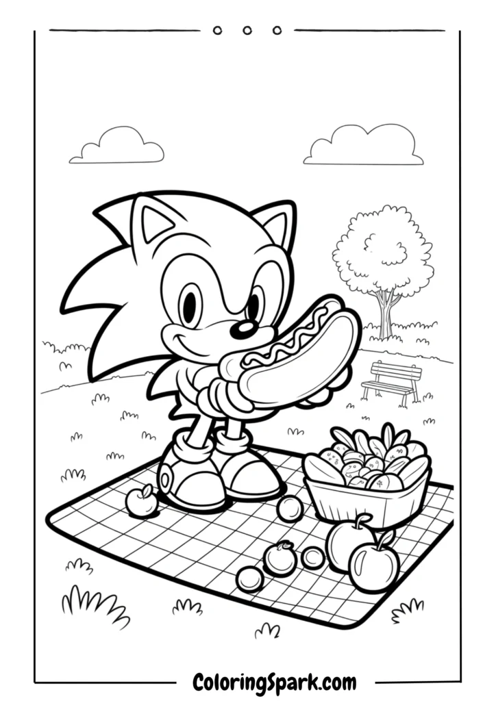 A Chibi Sonic holding a chili dog in a park