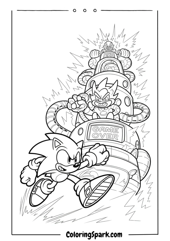 A Sonic battling Dr. Eggman in his robot machine