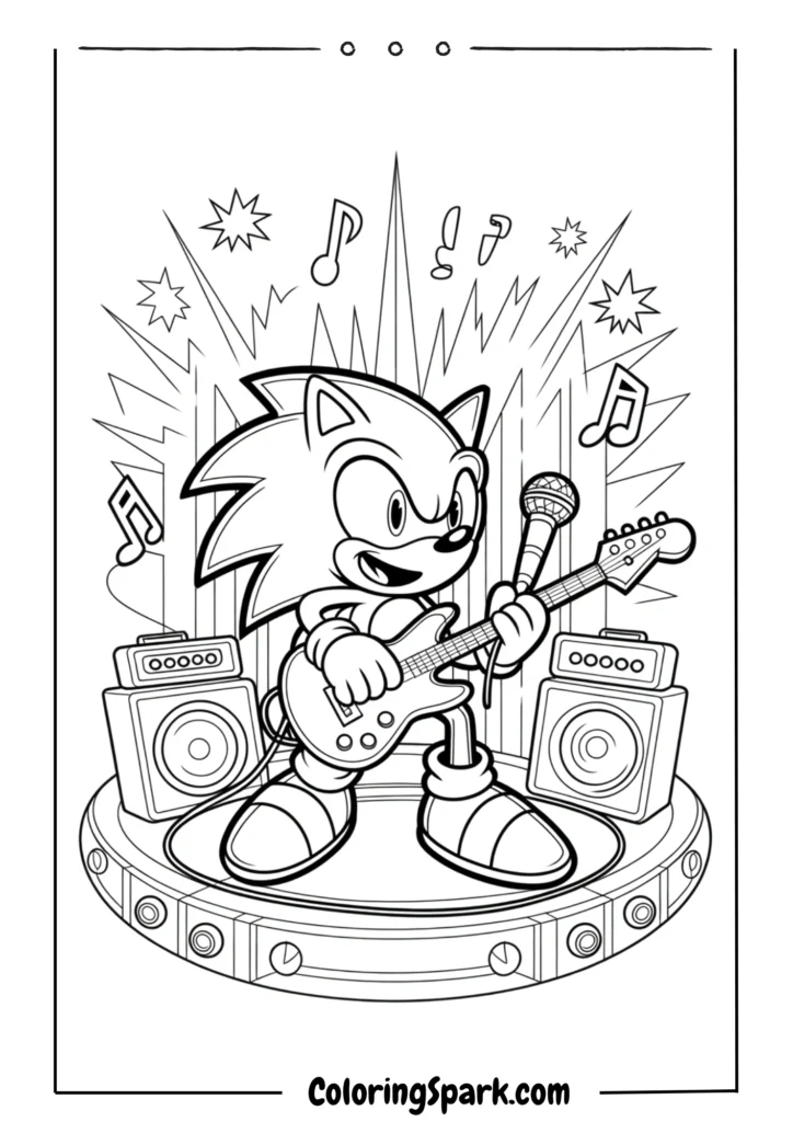 A Sonic playing guitar on stage