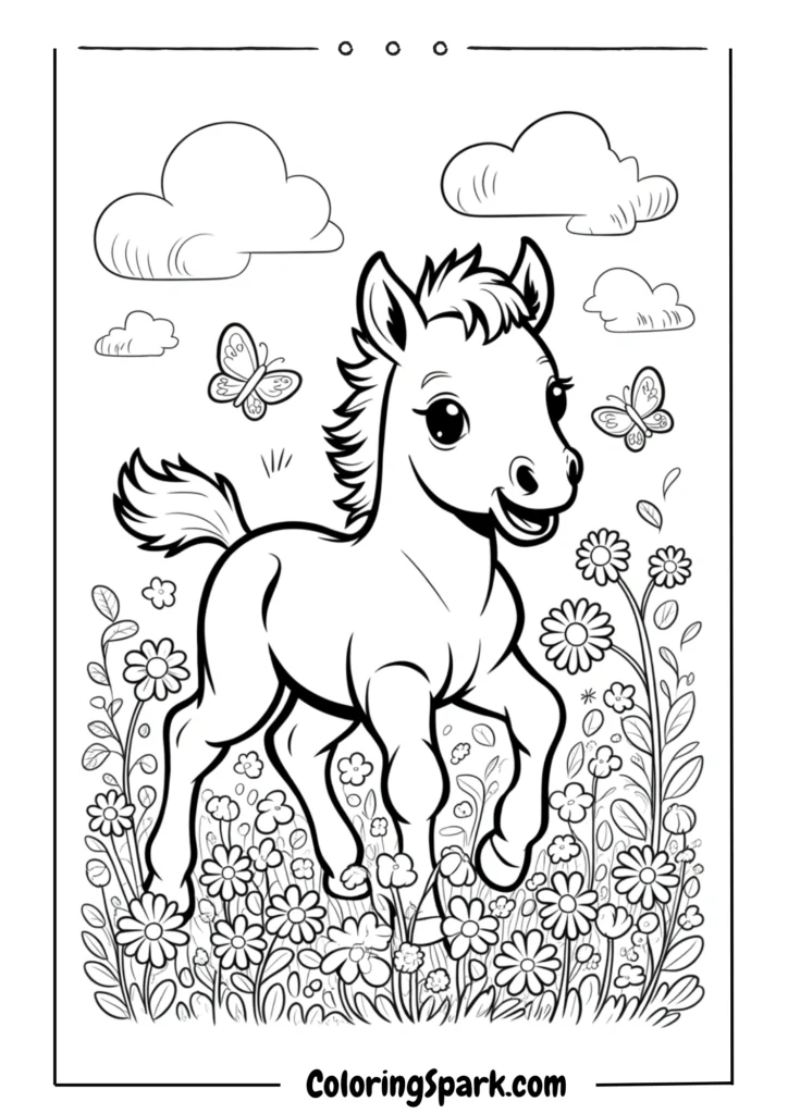 A baby horse (foal) playing in a flower