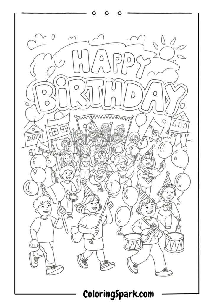 A birthday parade with kids holding