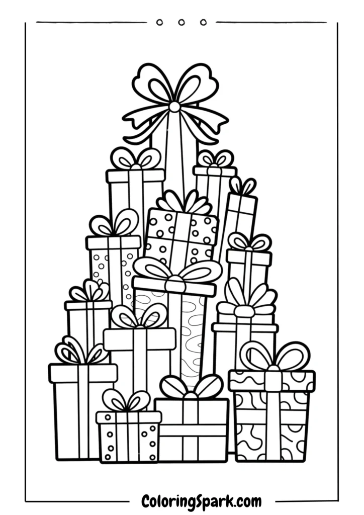 A bunch of wrapped gifts stacked in a pyramid