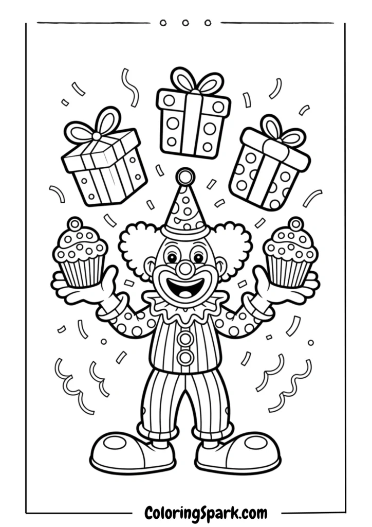A clown juggling birthday presents