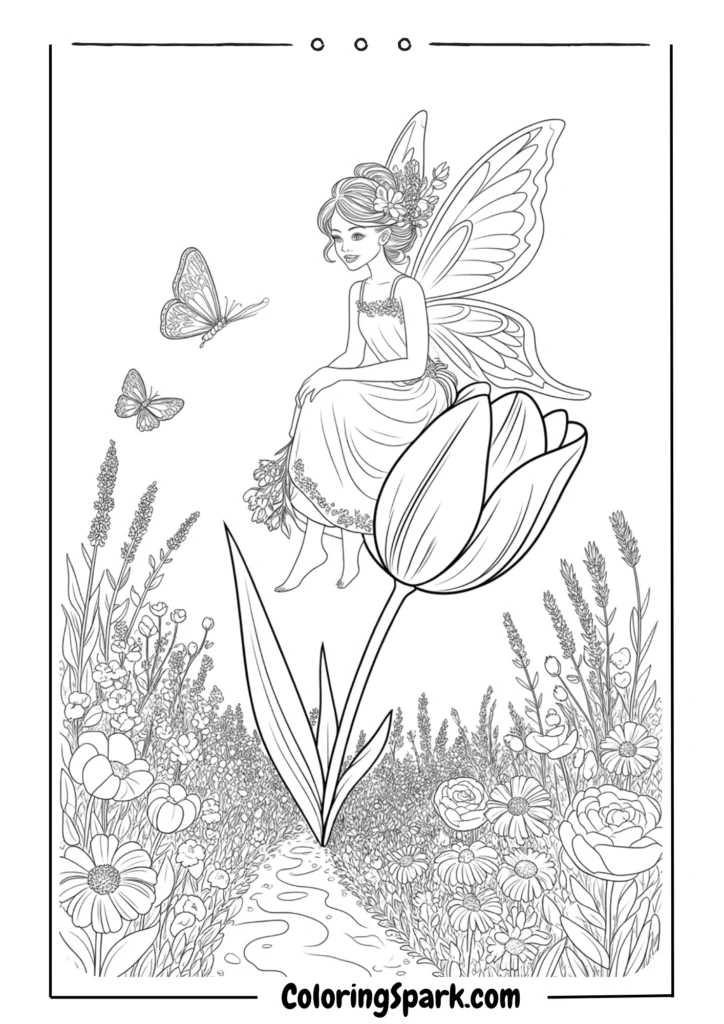 A fairy sitting on a giant tulip