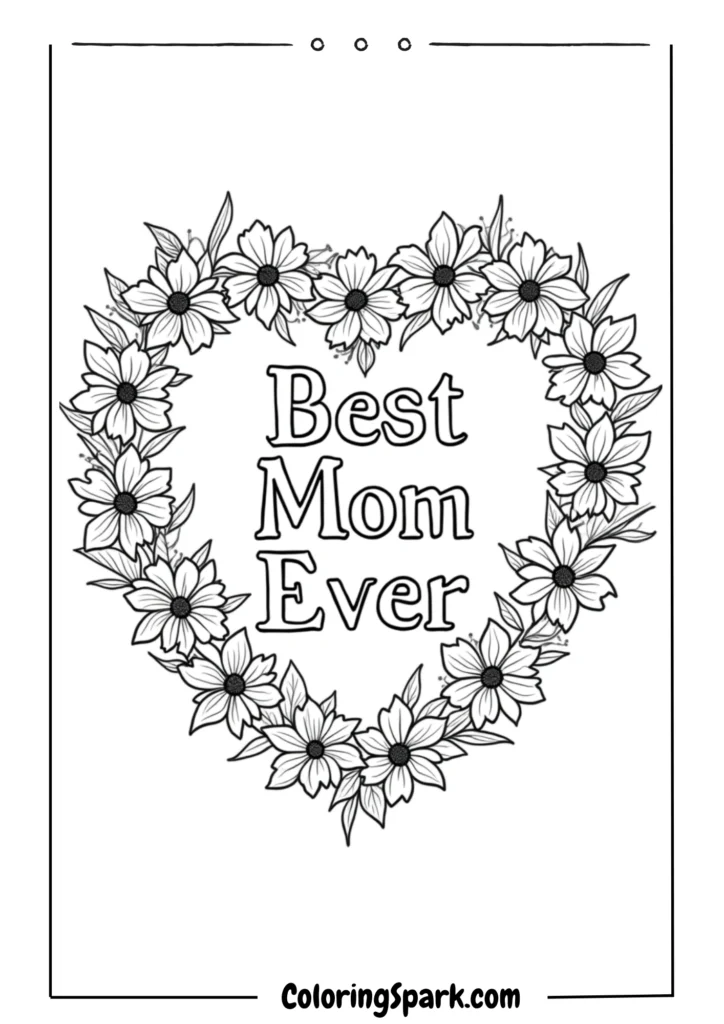 A heart-shaped wreath made of flowers with “Best Mom Ever”
