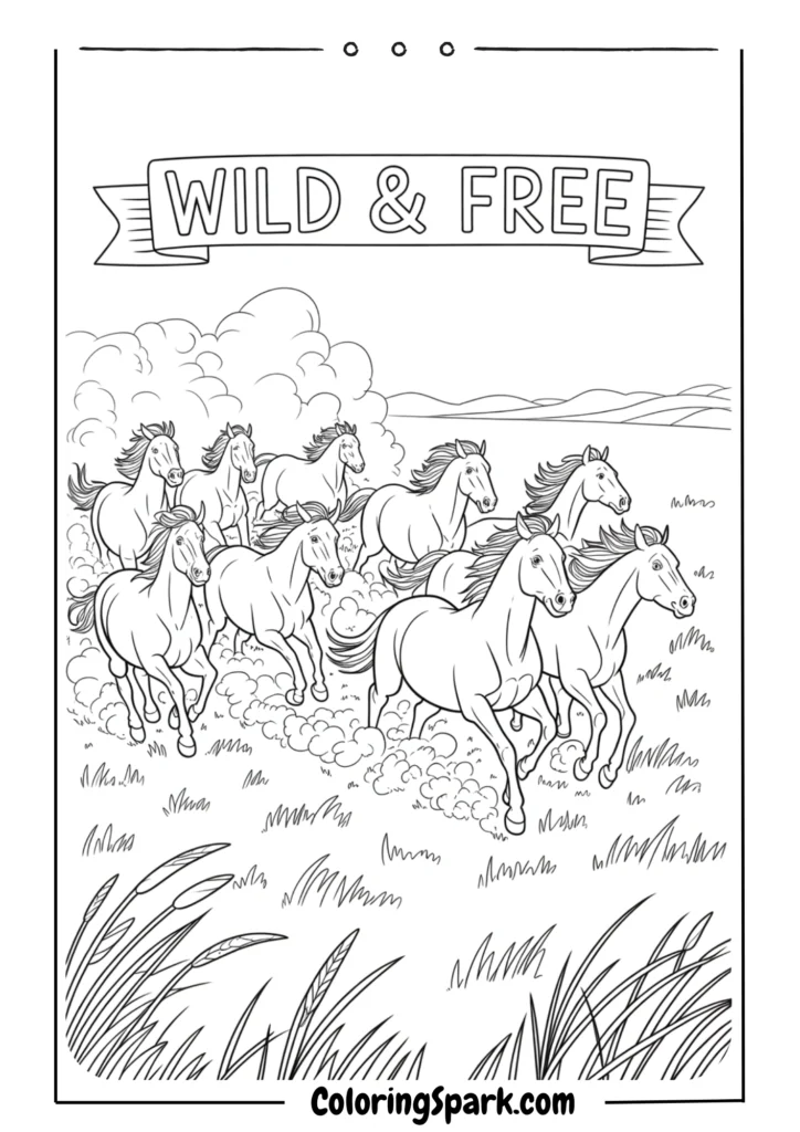 A herd of wild horses galloping together across
