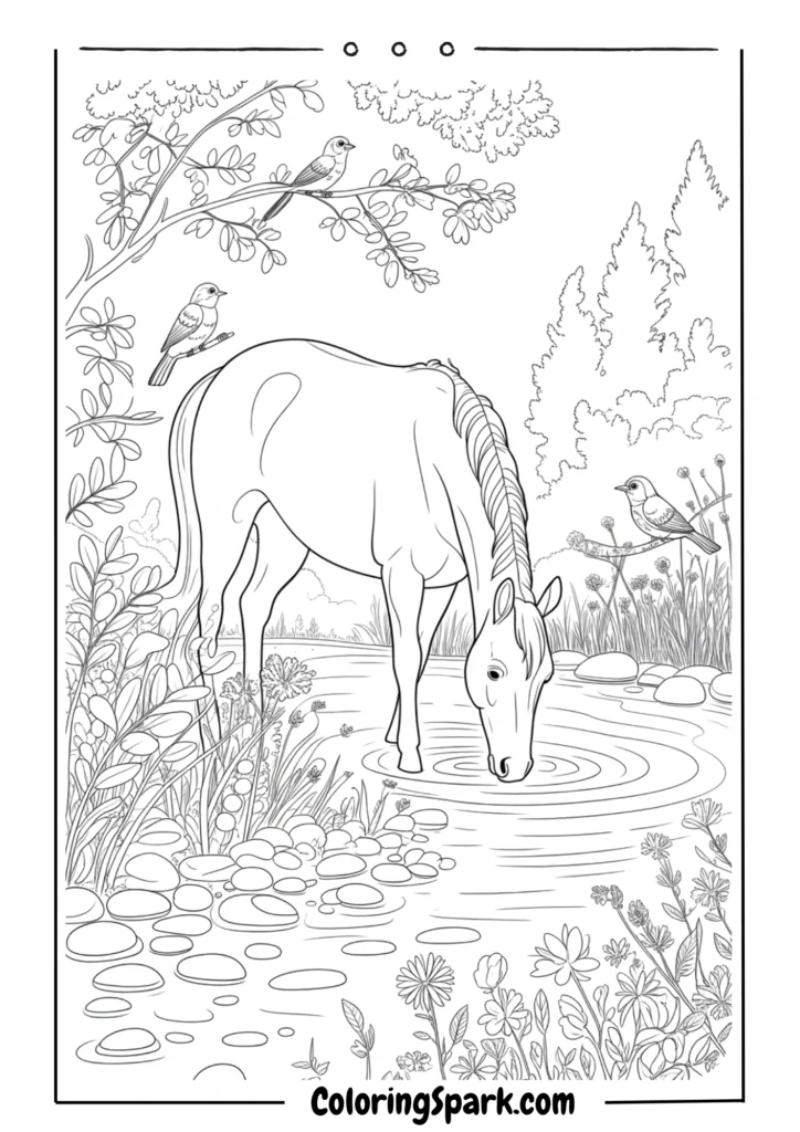 A horse drinking water at a forest stream