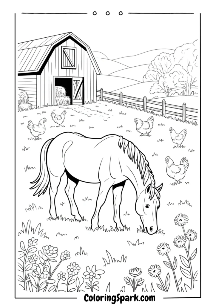 A horse on a farm beside