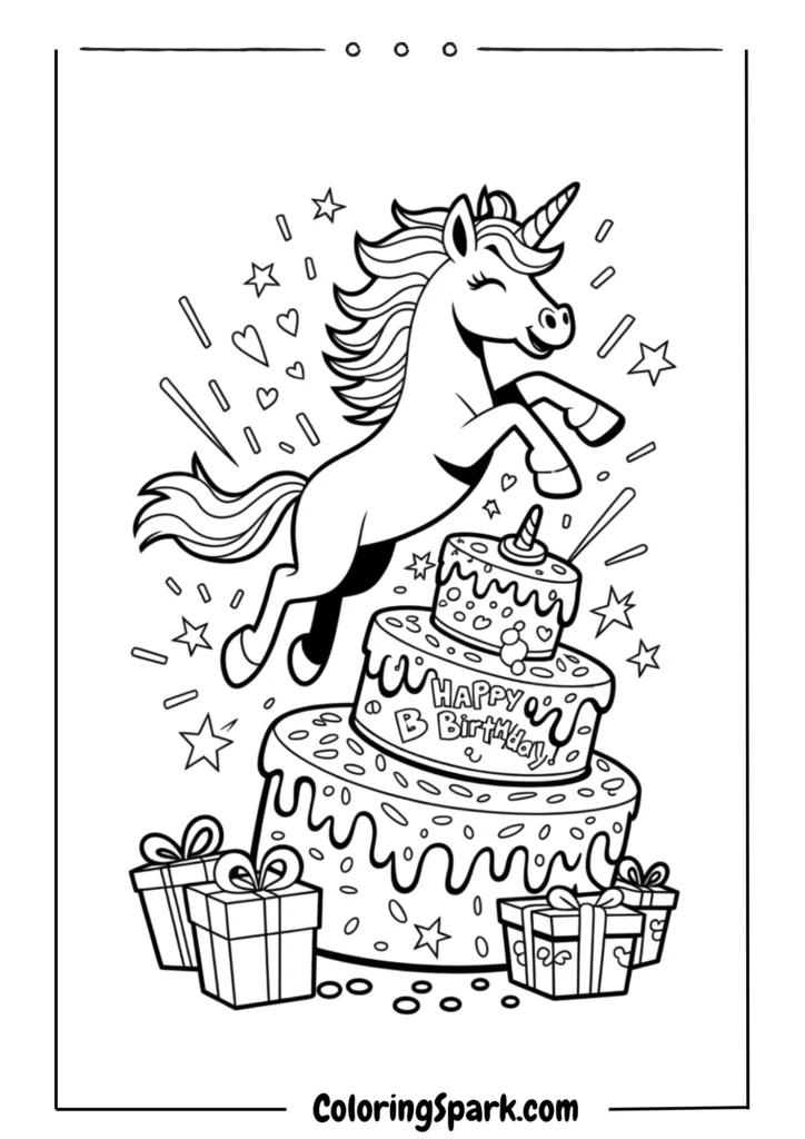 A magical unicorn jumping out of a birthday cake