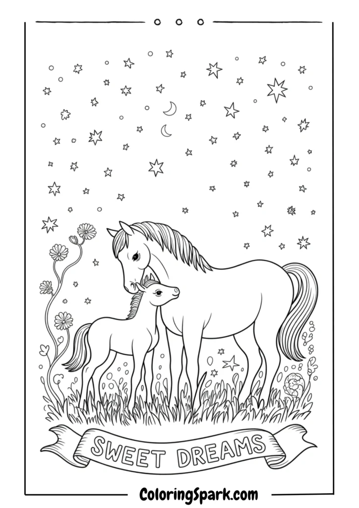 A mother horse nuzzling her foal under the stars – night