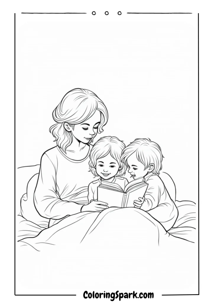 A mother reading a bedtime story to her children