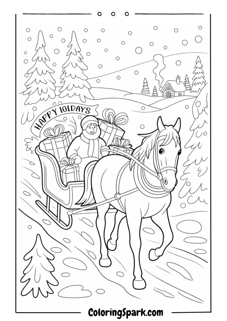 A winter scene with a horse pulling