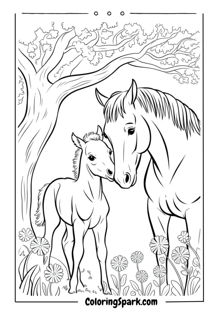 A young foal standing beside its mother
