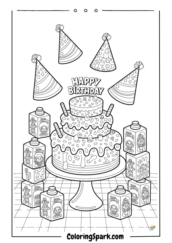 Birthday cake on a table with plates, party hats
