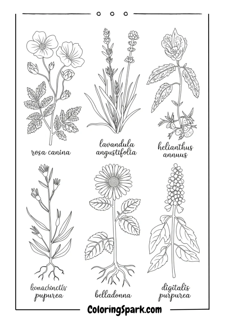 Botanical-style drawing of labeled flowers