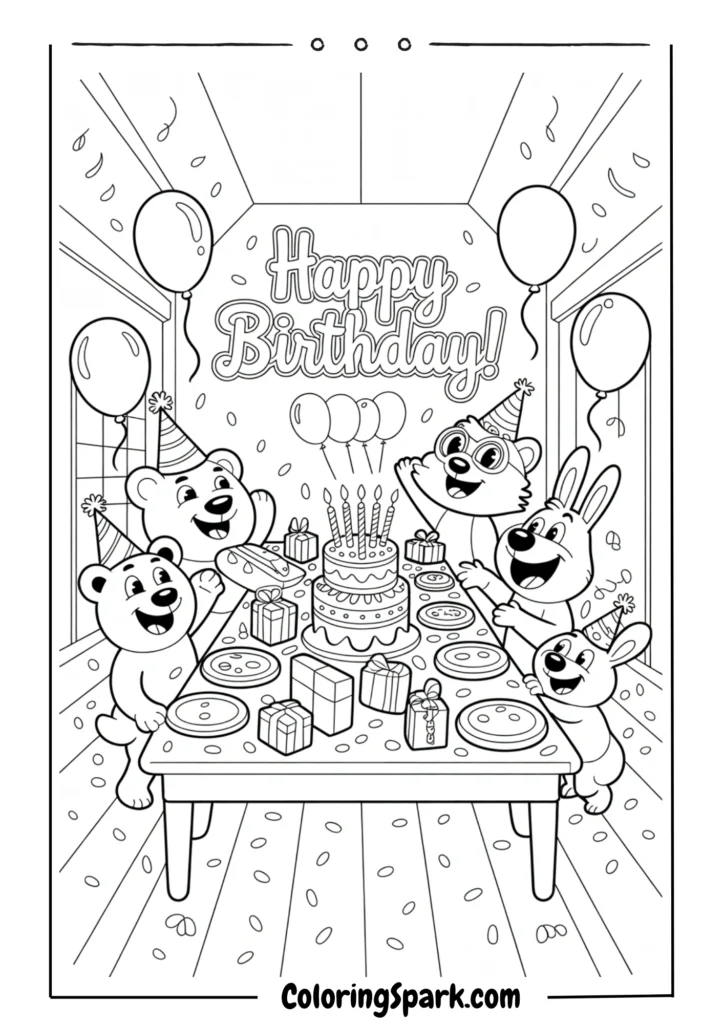 Cartoon-style birthday party inside a house