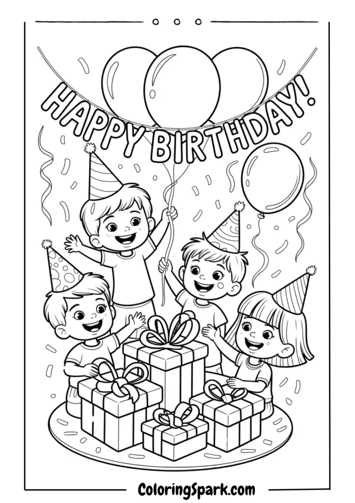 Children wearing party hats around a table
