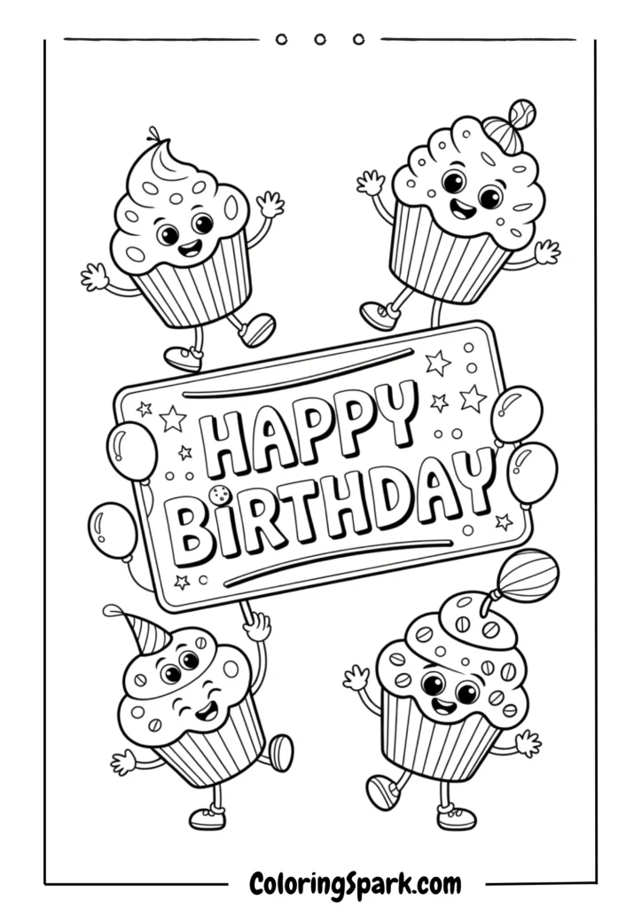 Cupcake characters dancing around a giant ‘Happy Birthday’