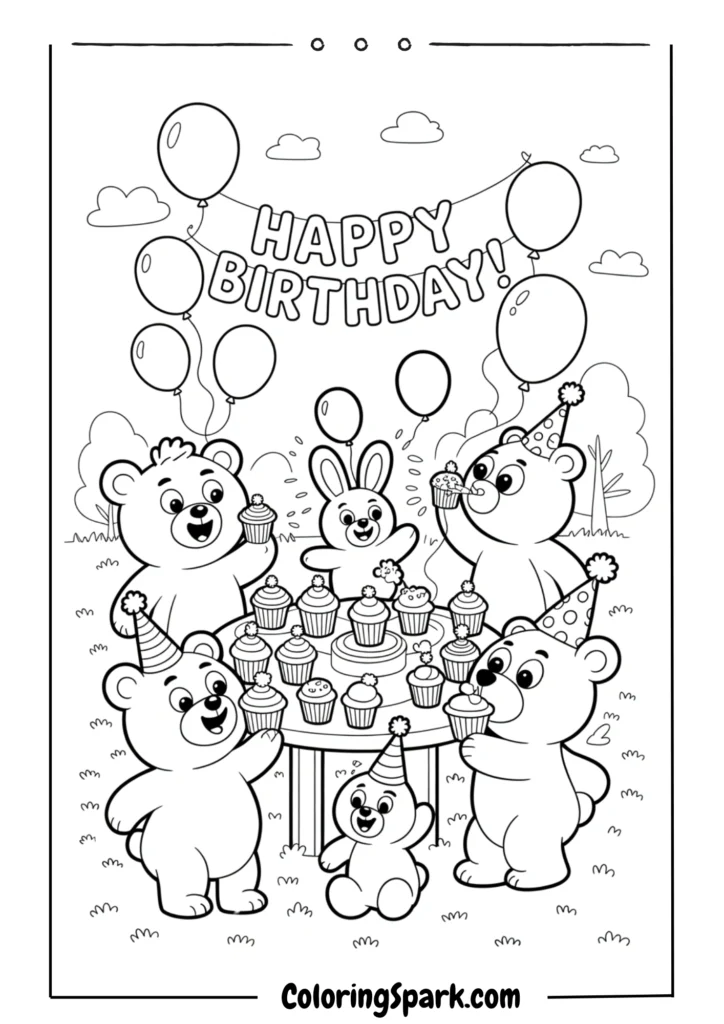 Cute animals like bears and bunnies throwing a birthday