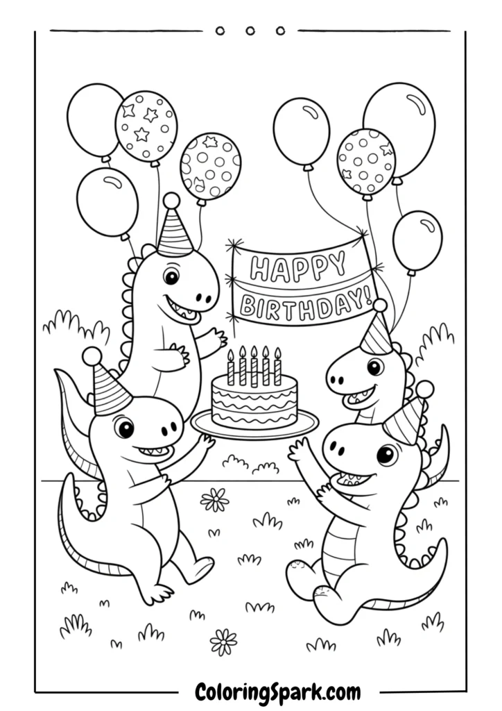 Cute dinosaurs wearing party hats and holding balloons