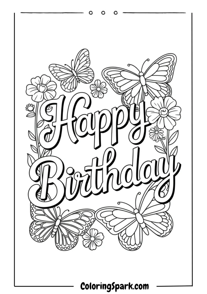 Happy Birthday’ in fancy cursive font surrounded by butterflies