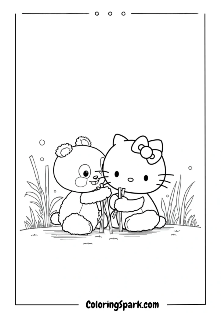 Hello Kitty and a panda bear eating bamboo