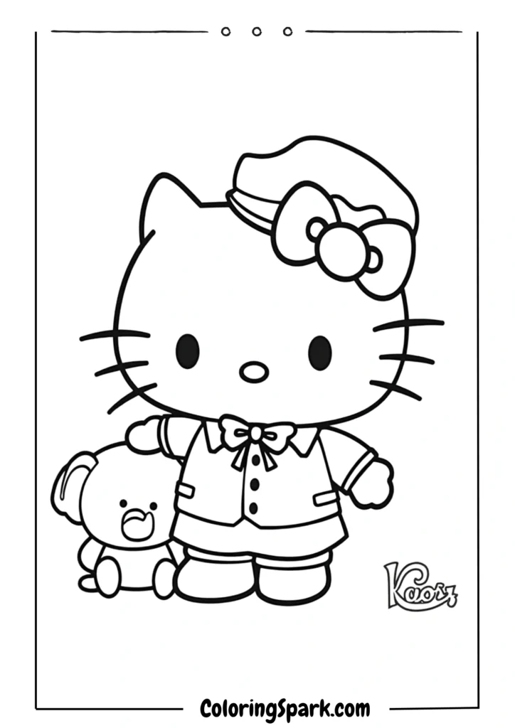 Hello Kitty dressed as a zookeeper feeding animals