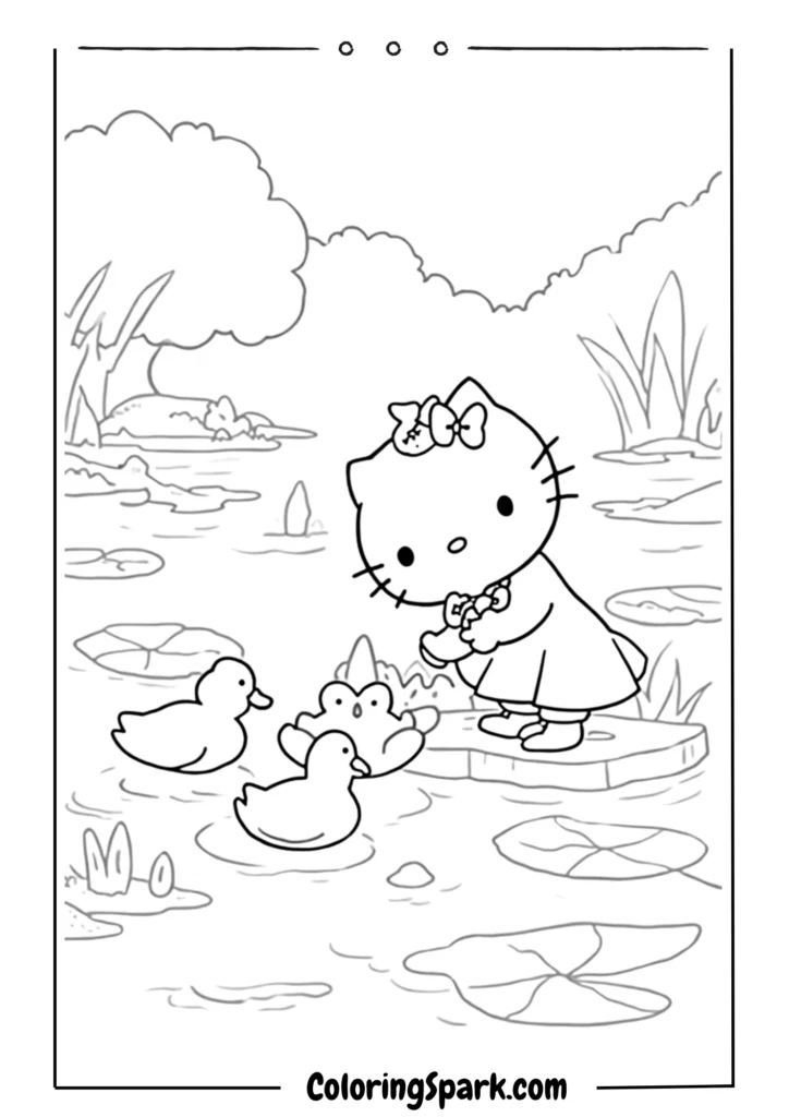 Hello Kitty feeding ducks by a pond