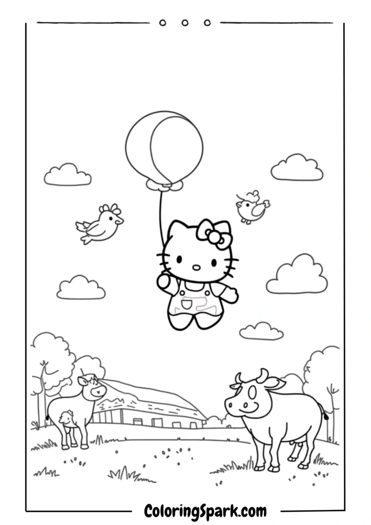 Hello Kitty holding a balloon while flying