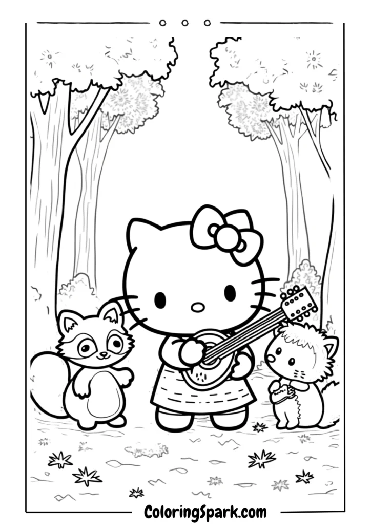 Hello Kitty in the forest playing music with animal friends