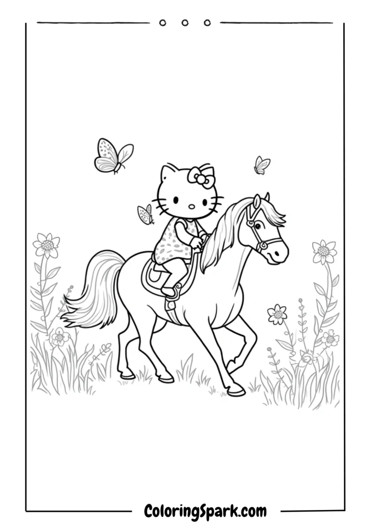 Hello Kitty riding a horse through a meadow filled