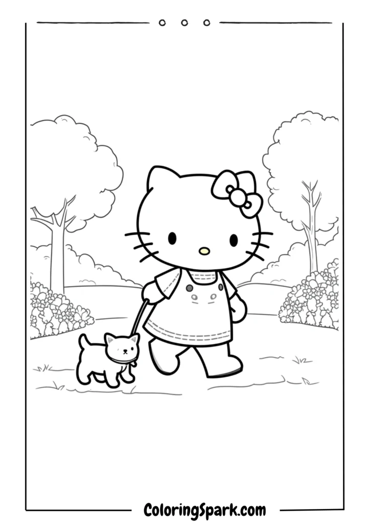 Hello Kitty walking her pet dog