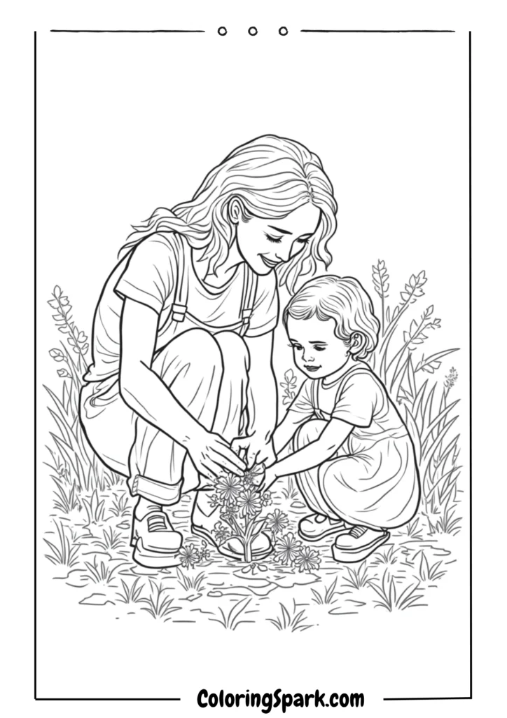 Mom and child planting flowers together