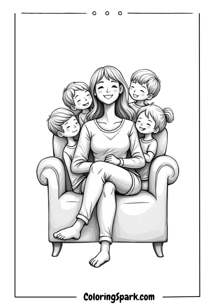 Mom sitting in a comfy chair while children