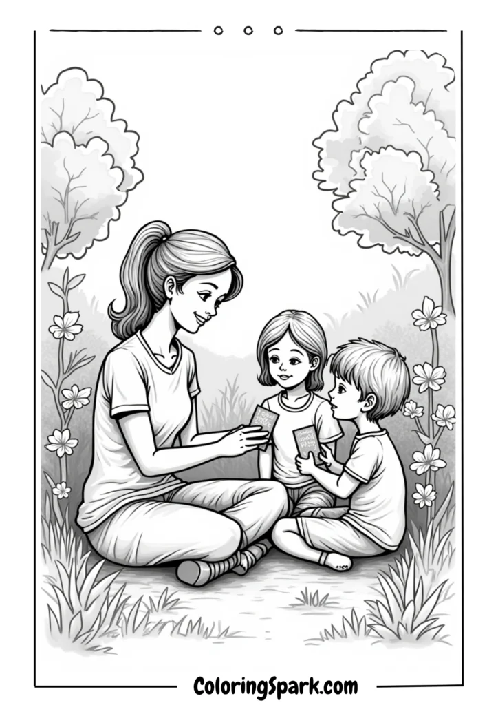 Mom sitting in a garden with her children