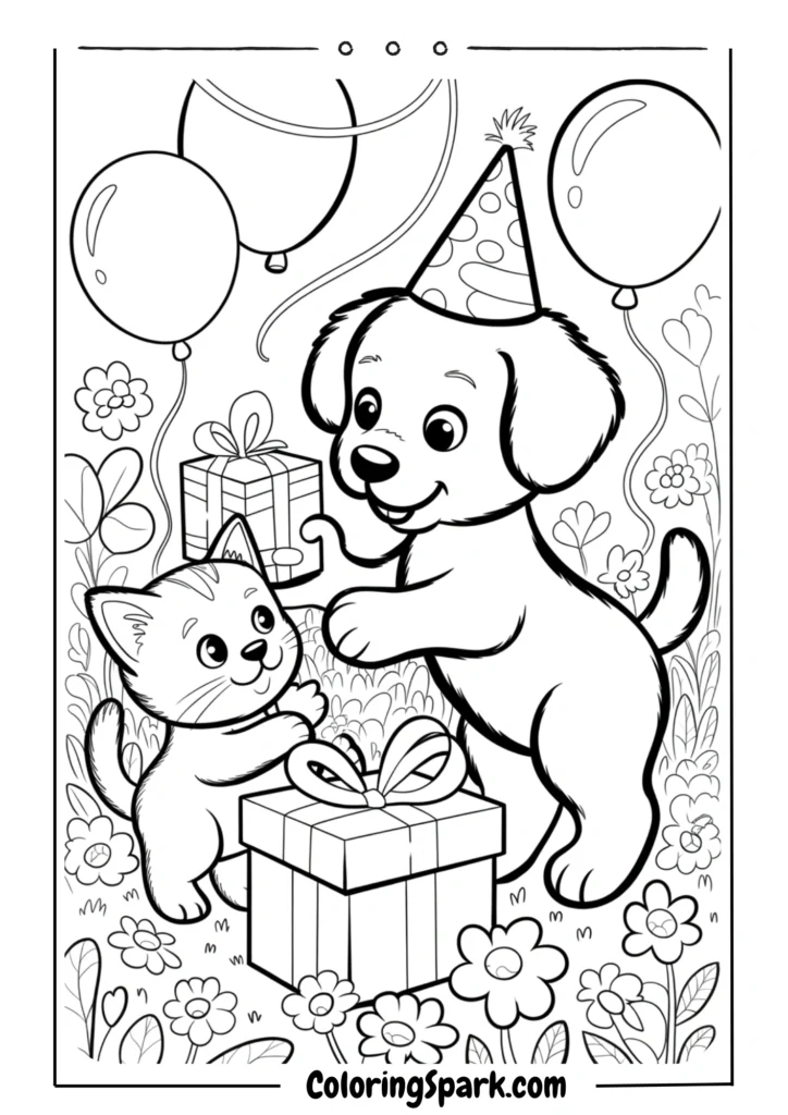 Puppy and kitten giving birthday gifts to each