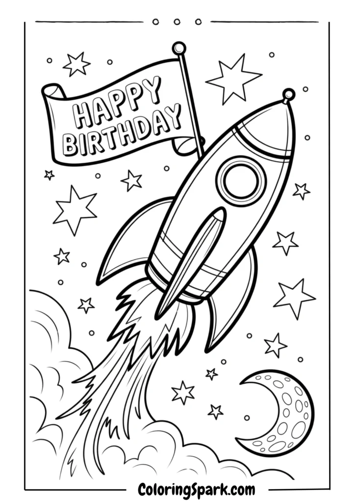 Rocket ship flying through stars carrying a birthday