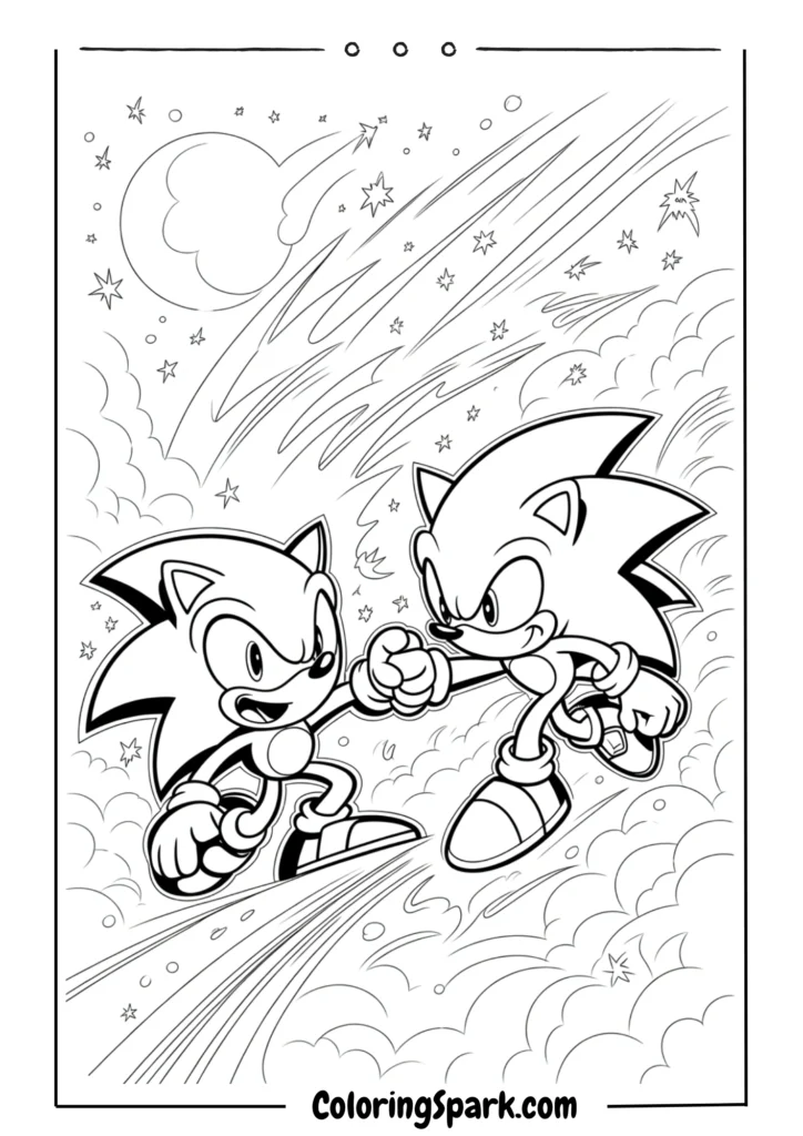 Sonic facing off with Shadow under a starry sky