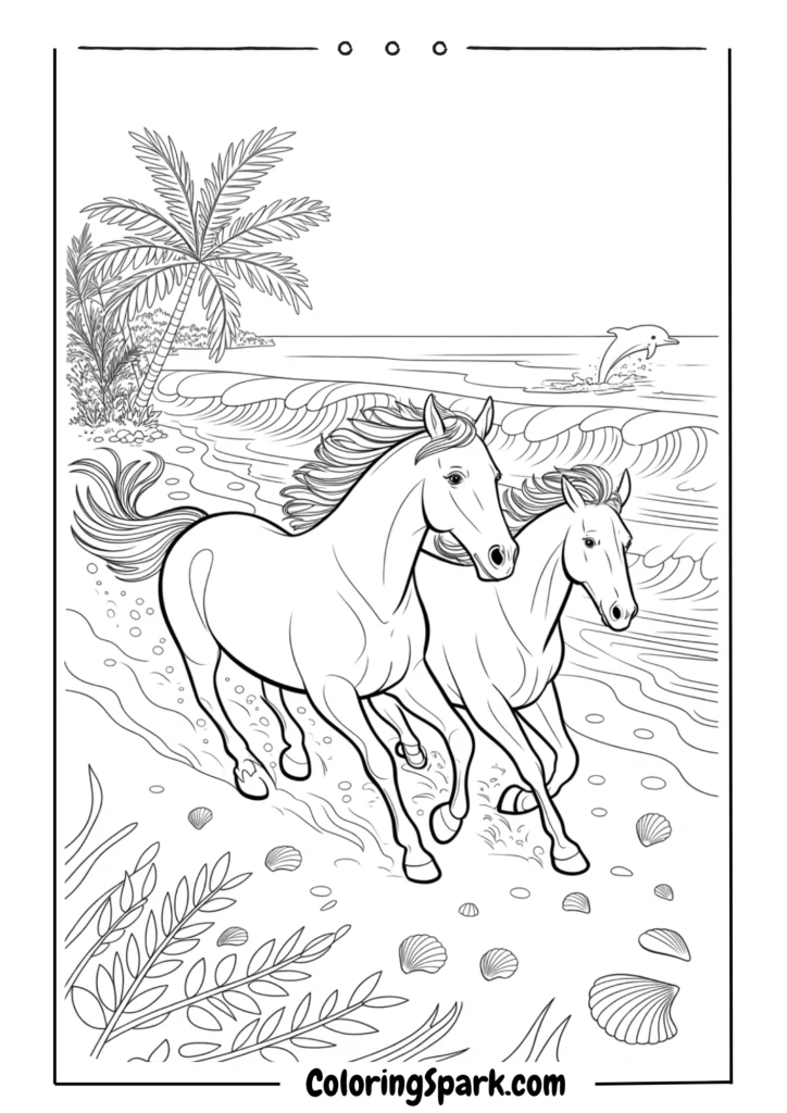 Two horses galloping along a beach