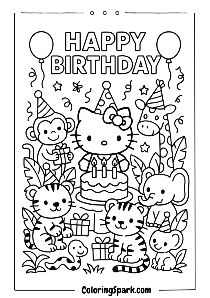 cute jungle animals with Hello Kitty having a birthday party