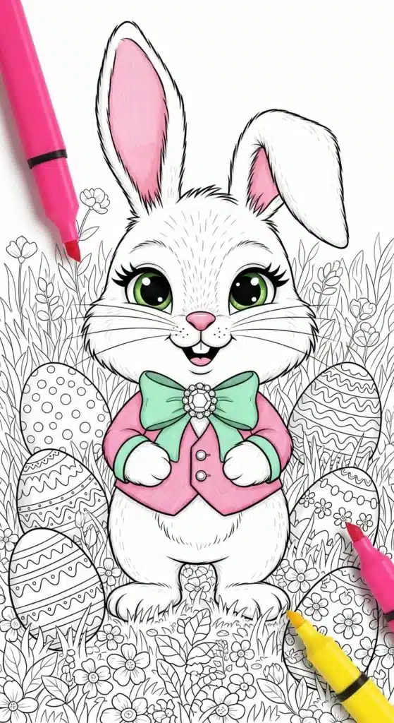 coloring pages of a bunny with eggs and flowers